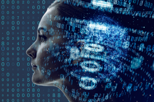 Foto ilustrativa de uma mulher pensando sobre códigos e tecnologia.