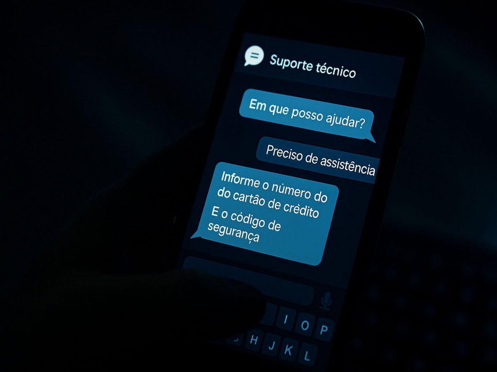 Tela de smartphone mostrando conversa com chatbot de suporte técnico em português, com mensagens suspeitas pedindo “número do cartão de crédito” e “código de segurança”, representando golpe com IA