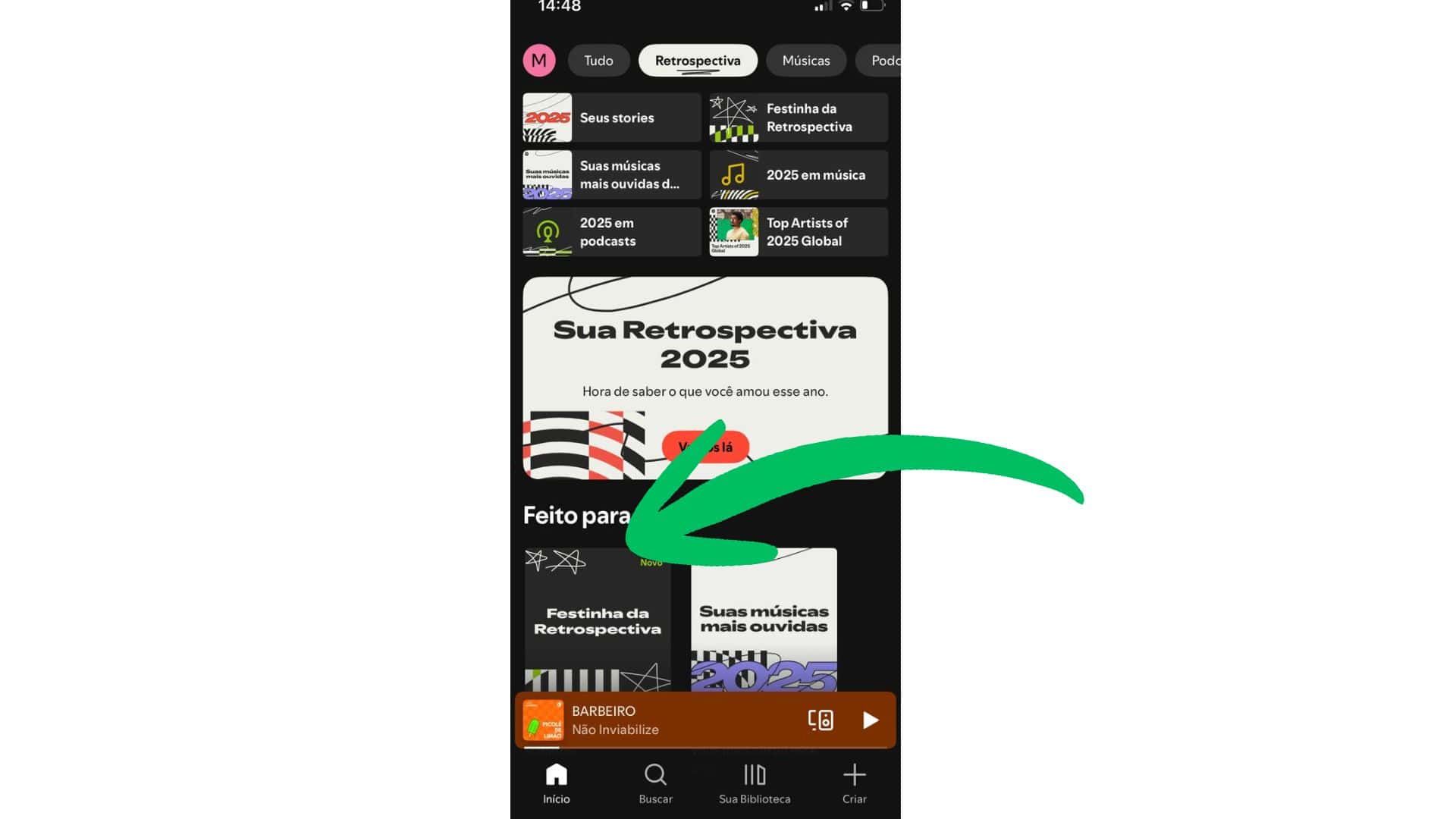Aplicativo Spotify indicando onde clicar em Festinha da Retrospectiva