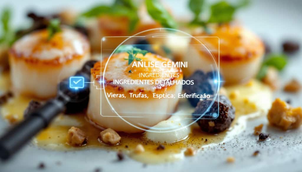 Fotografia macro de um prato gourmet com vieiras e espuma. Sobreposta à imagem, uma lupa digital escaneia a comida, conectada a um box de texto futurista onde se lê a análise feita pelo Gemini, a IA do Google