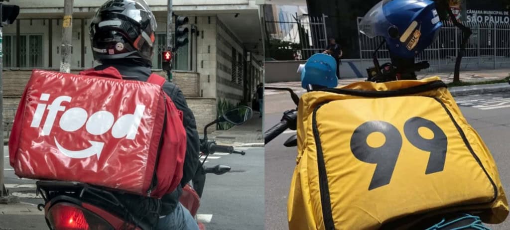 Dois motociclistas, de 99Food e iFood, de costas