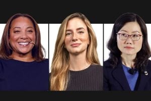 Da esquerda para a direita, a co-CEO da Waymo, Tekedra Mawakana, a cofundadora da Kalshi, Luana Lopes Lara, e a diretora financeira da Temasek, Png Chin Yee