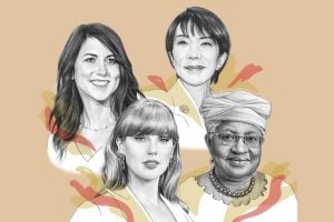 MacKenzie Scott, Taylor Swift, Sanae Takaichi, primeira-ministra do Japão, e Ngozi Okonjo-Iweala, diretora-geral da Organização Mundial do Comércio