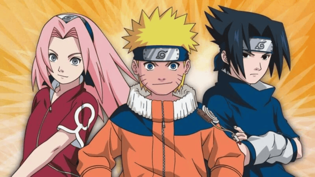 Imagem do anime Naruto, mostrando Naruto Uzumaki ao centro, de jaqueta laranja, ao lado de Sakura com cabelos rosas e Sasuke de roupa azul. Todos usam bandanas ninjas, com um fundo amarelo vibrante.