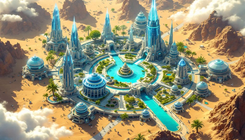  Ilustração estilo arte conceitual de RPG mostrando uma cidade futurista erguida ao redor de um oásis vibrante no meio do deserto. Estruturas tecnológicas avançadas com domos e torres de cristal se misturam à vegetação exuberante e à água azul-turquesa, com linhas holográficas sutis sugerindo a construção planejada por inteligência artificial