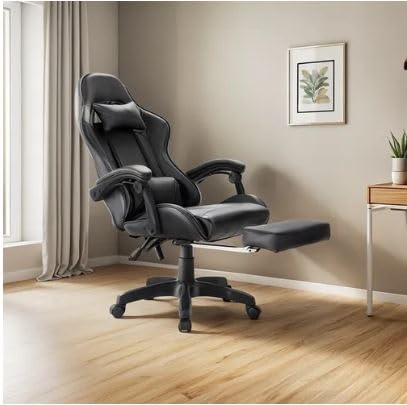 Cadeira Gamer Ergonômica para Escritório, Reclinável, Couro Sintético, Preto